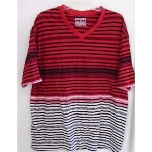 MEN'S T-SHIRT V-Neck XXL Red Black White Stripes Short Sleeves 100% Cotton EUC